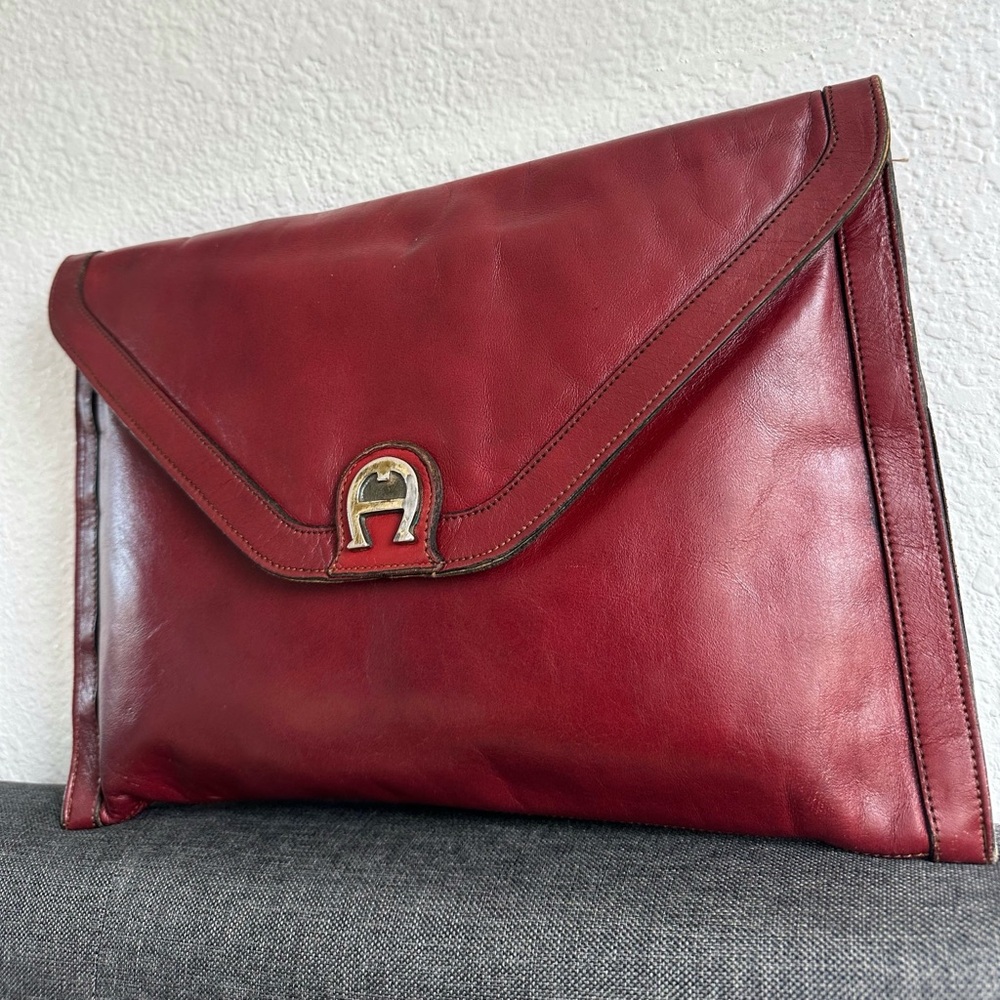 VINTAGE Etienne Aigner Handmade Leather Clutch - Dark Cherry Red